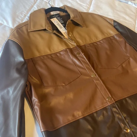 NWT Badgley Mischa Espresso Brown/Tan Combo Jacket sz L - Picture 2 of 6
